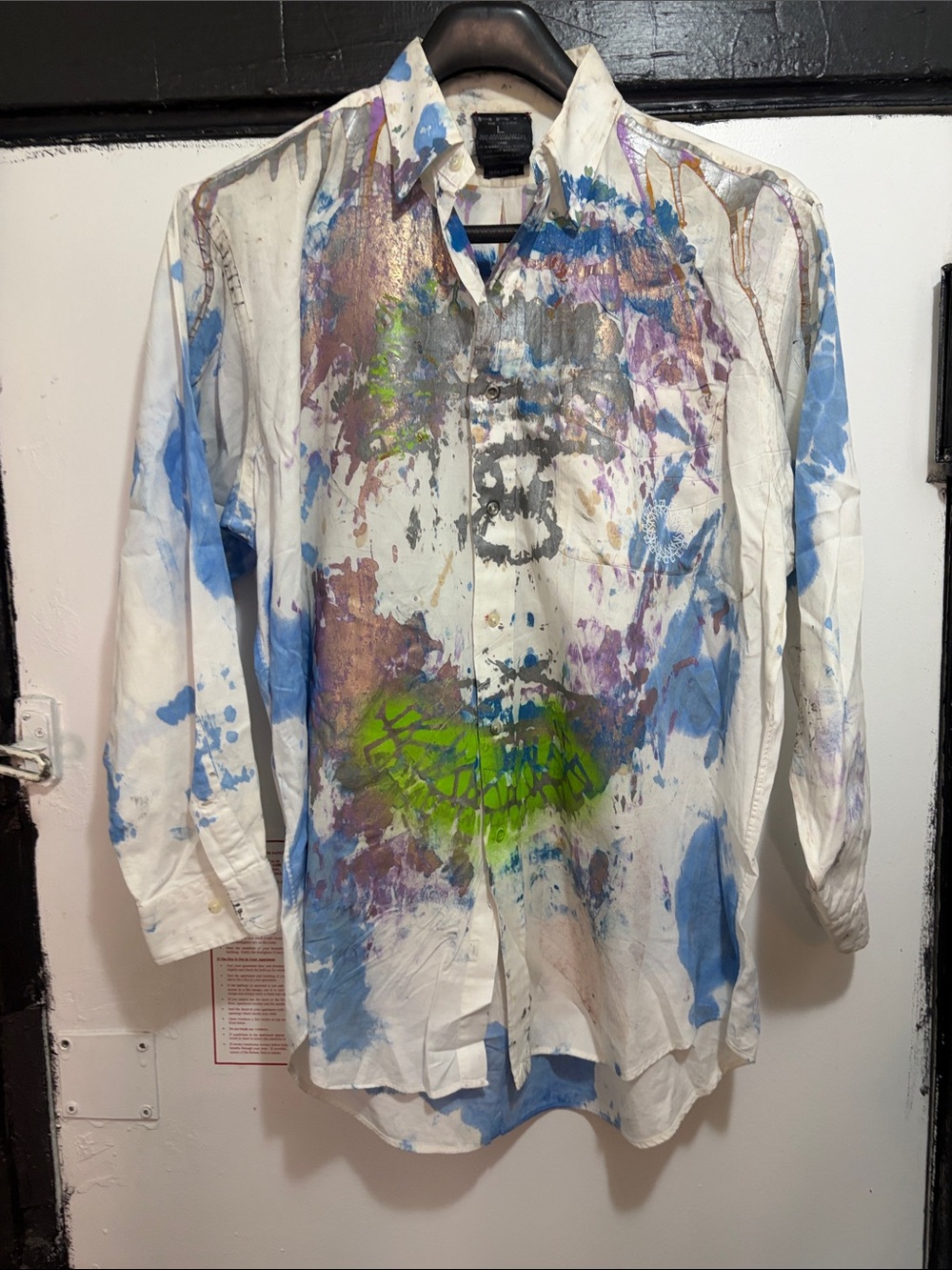 Men's White Button-Down Shirt with Multicolor Paint-Splatter
